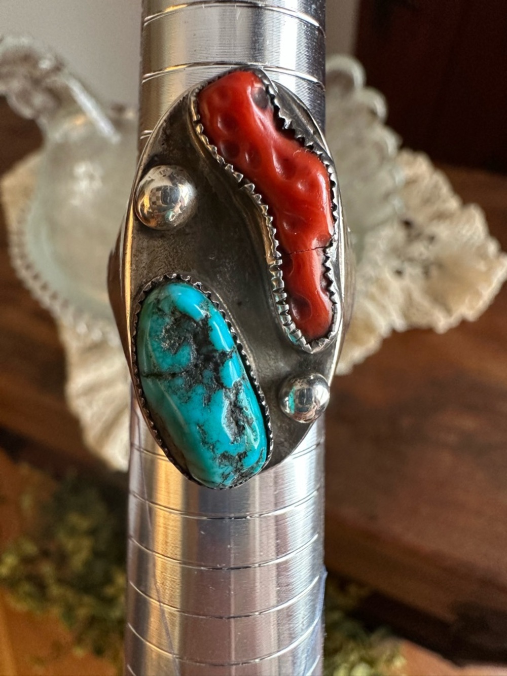 Turquoise and Red Coral Sterling Ring